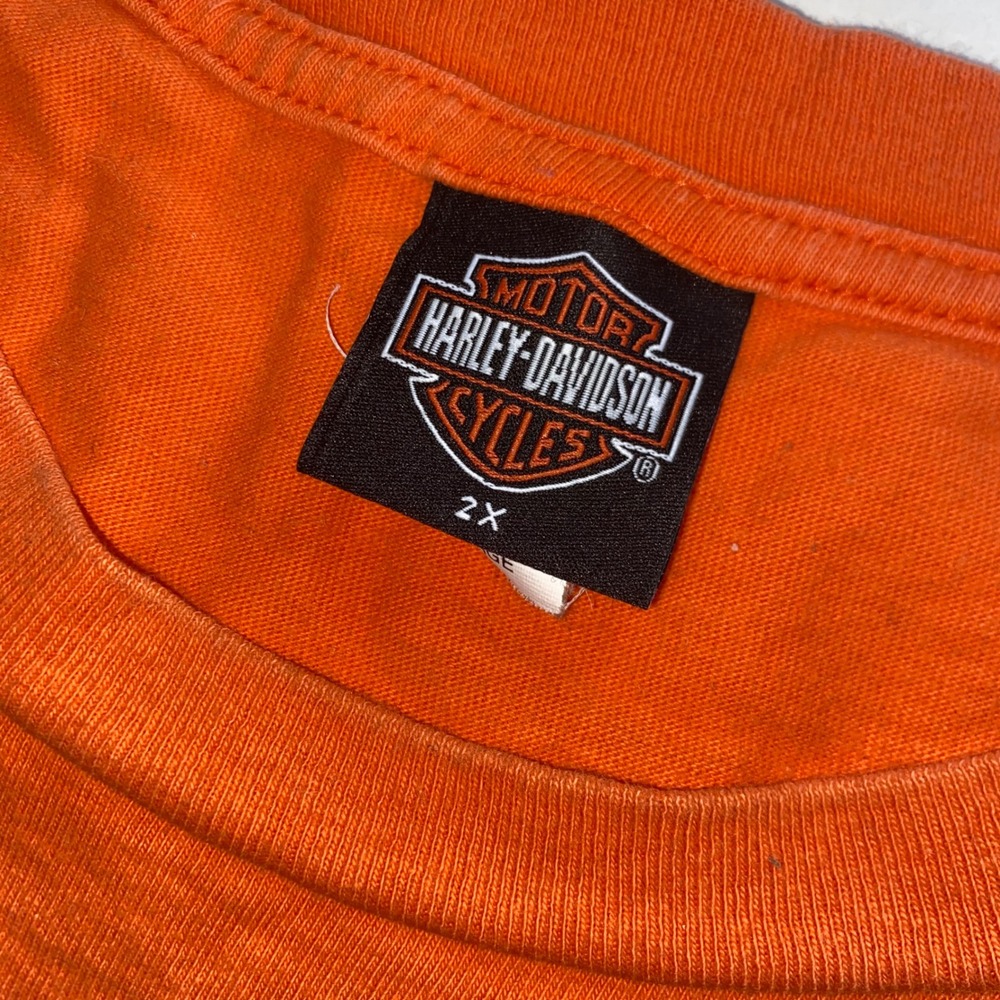 Harley Davidson Sandy's Fremont MI Orange Pocket Graphic T-Shirt Mens 2X - Picture 2 of 6